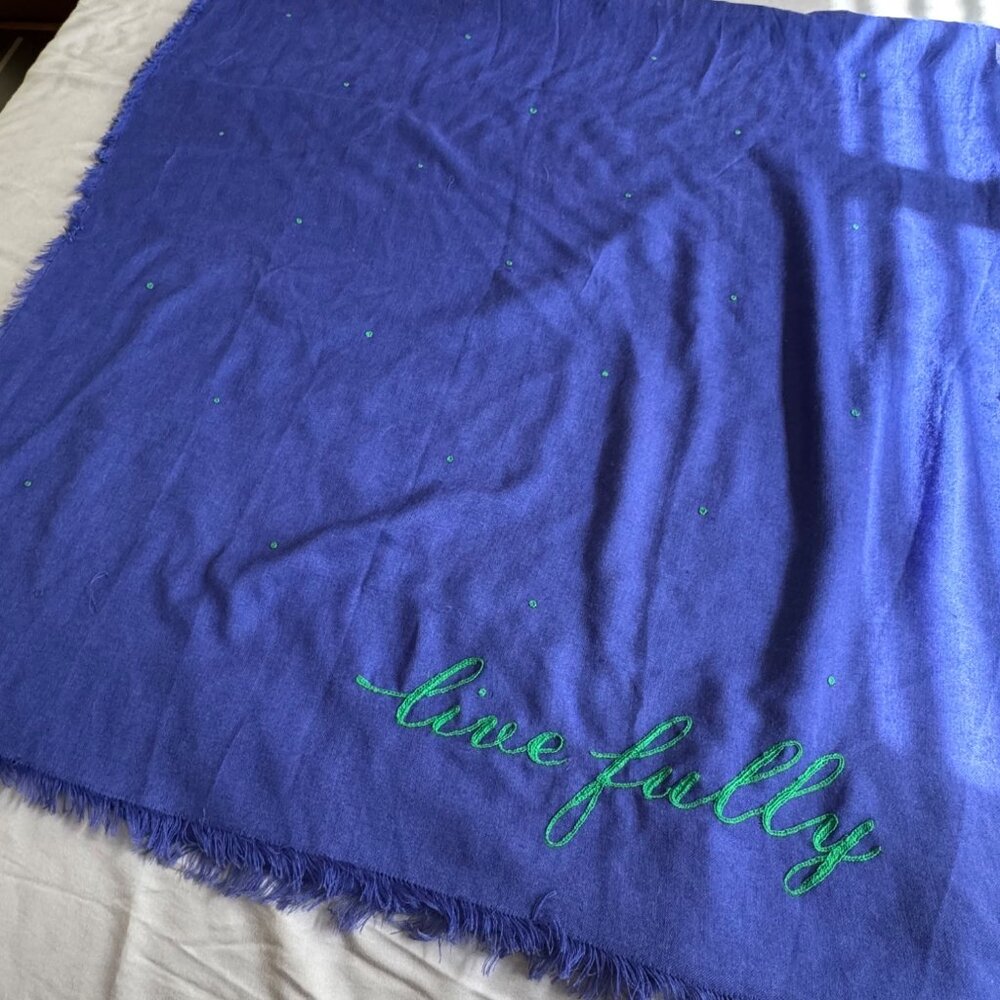 Kate Spade New York Wool Fringed Scarf With "Live Fully" Embroidery & Green